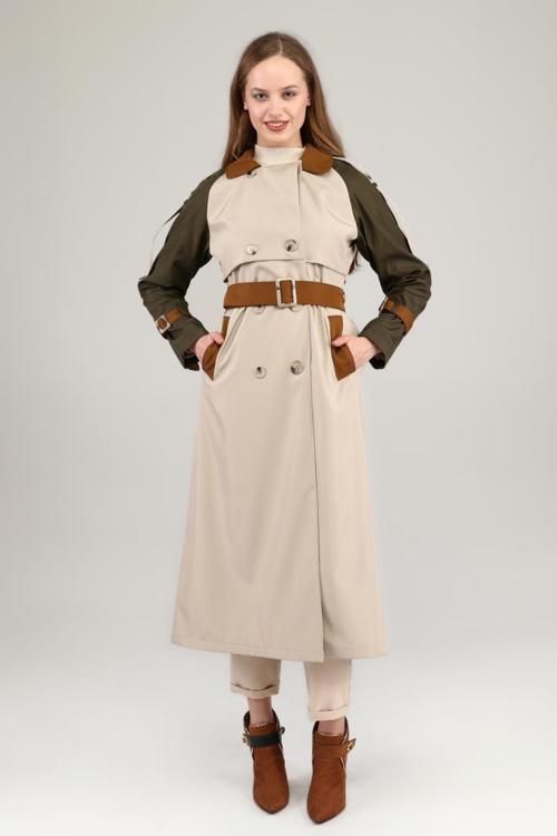 Üç Renkli Uzun Mevsimlik Astarlı Trençkot/Kap