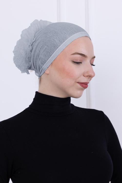 Fırfırlı Önden Dikişli Penye Bone - Kadın Tesettür Bağlamalı Topuz İç Bone-Açık Gri