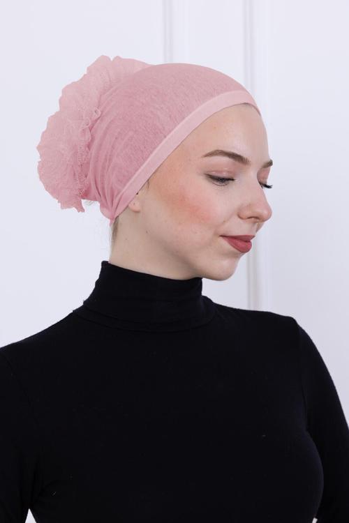 Fırfırlı Önden Dikişli Penye Bone - Kadın Tesettür Bağlamalı Topuz İç Bone-Pembe