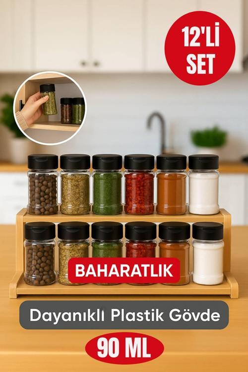 12’li Dayanıklı Plastik Baharatlık Seti – Şeffaf Gövde, Siyah Kapak, Düzenli Mutfaklar İçin 90 ml 