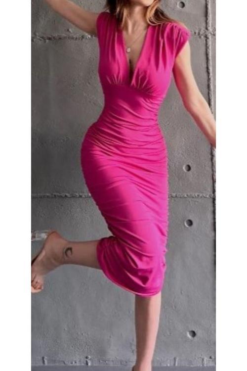 Kadın Yanı Büzgü Detaylı Dekolteli Maxi Boy Dalgıç Elbise