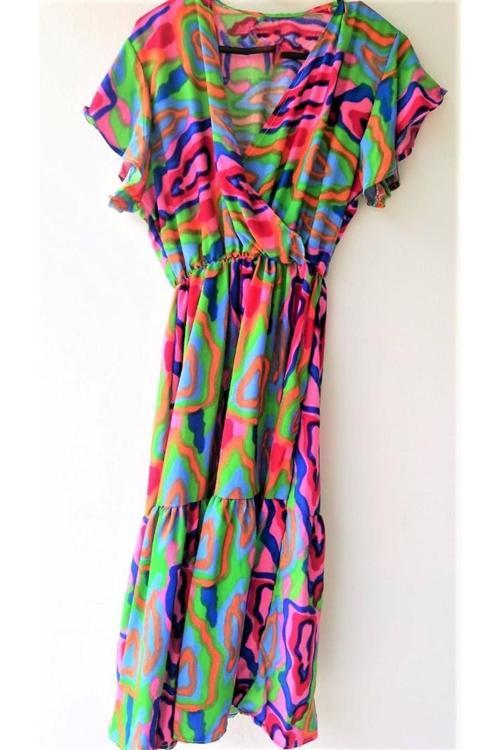 Kadın Kısa Kol Desenli Kruvaze Yaka Beli Lastikli Elbise