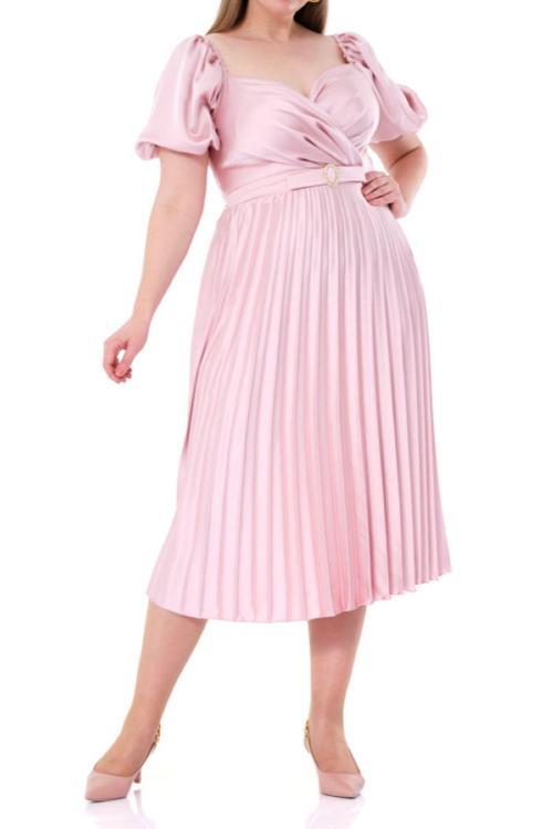 Kadın Pudra Büyük Beden Saten Kısa Kol Midi Elbise