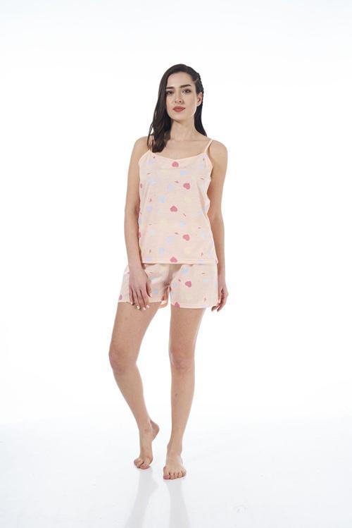 22023 Kadın Kalp Desenli Viskon Askılı Şortlu Pijama Takımı
