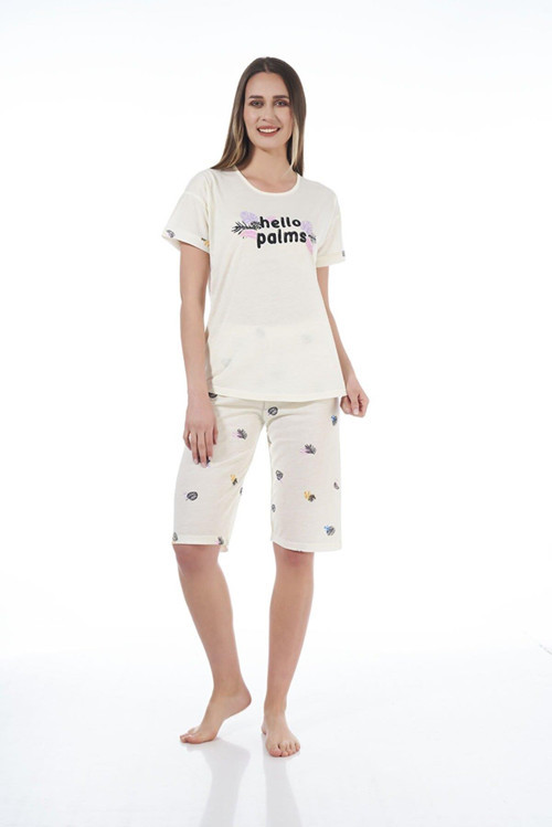 22065 Kadın Palmiye Desenli Viskon Kısa Kollu Kaprili Pijama Takımı