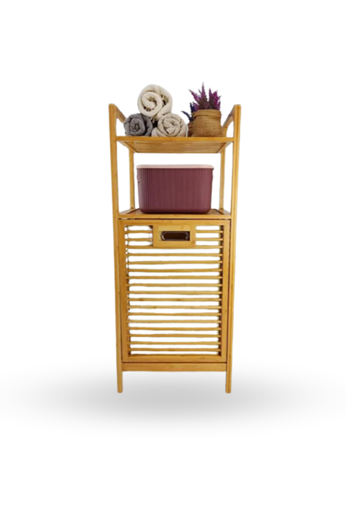 Büro Ev Ofis Dekoru için 40X35X95CM 2 Raflı Kumaş Hazneli Ahşap Kirli Çamaşır Sepeti