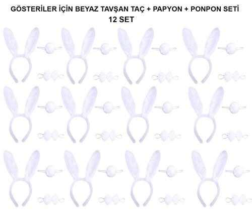 MDB Beyaz Tavşan Kostüm Seti – Taç, Papyon, Kuyruk (12’li Paket)