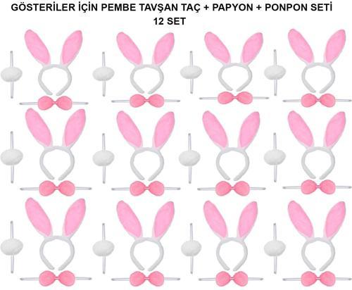 MDB Pembe Tavşan Kostüm Seti – Taç, Papyon, Ponpon (12’li Paket)