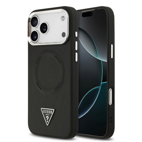 İphone 17 Pro Kılıf Lisanslı M-Safeli Pu Deri Metal Kamera Çerçeveli Üçgen Logolu Siyah