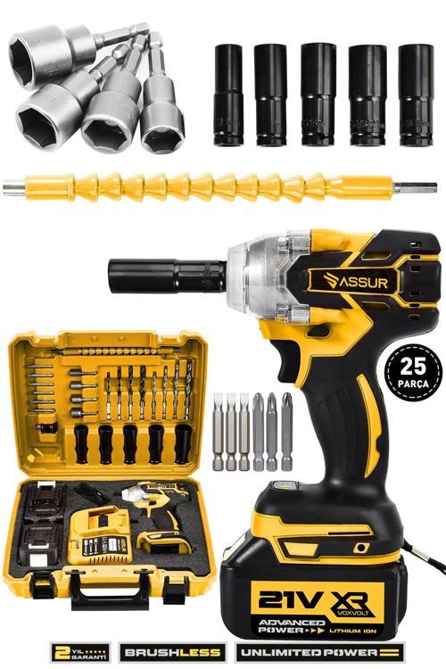 21V Çift Akülü Kömürsüz Darbeli Matkap Şarjlı Somun Sökme Sıkma Makinesi