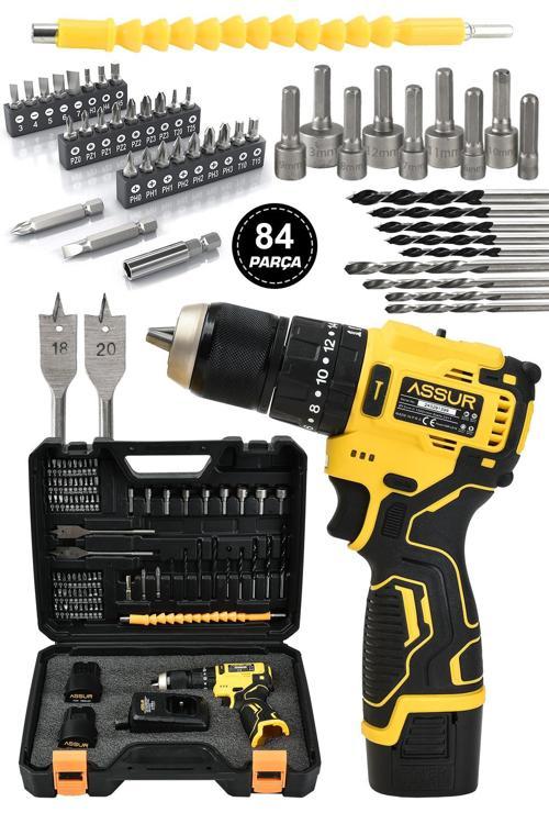 12V 13mm Çelik Mandrenli Şarjlı Matkap Akülü Vidalama 84 Parça