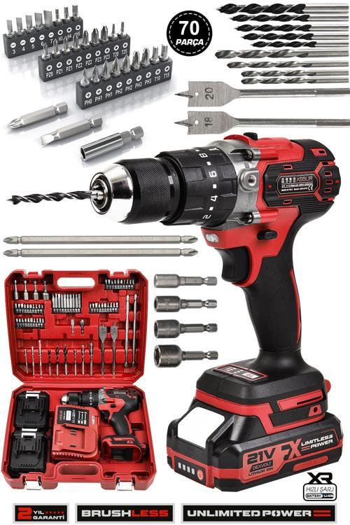 21V Çift Akülü Vidalama Çelik Mandren Kömürsüz Motor Darbeli Şarjlı Matkap