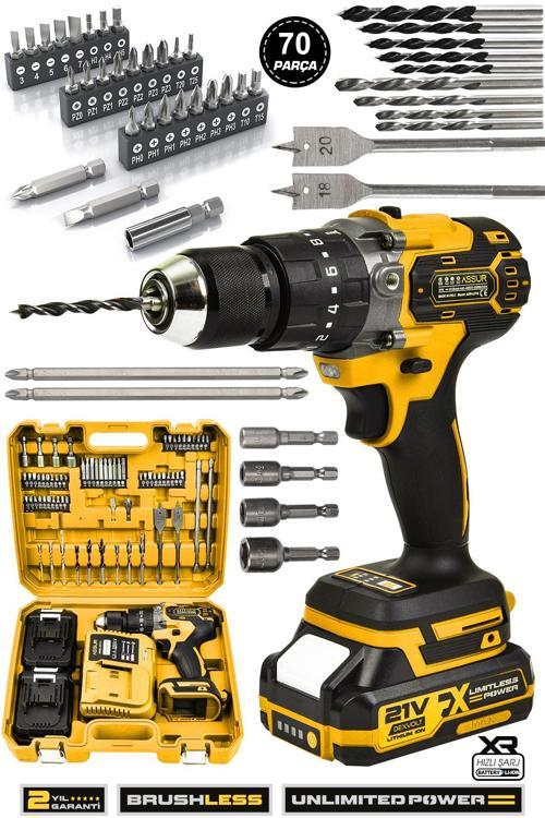 21V Çift Akülü Vidalama Çelik Mandren Kömürsüz Motor Darbeli Şarjlı Matkap