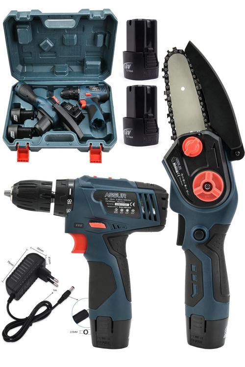 Profesyonel 18V Çift Akülü Vidalama & Ağaç Odun Dal Budama Testeresi 2'li Set