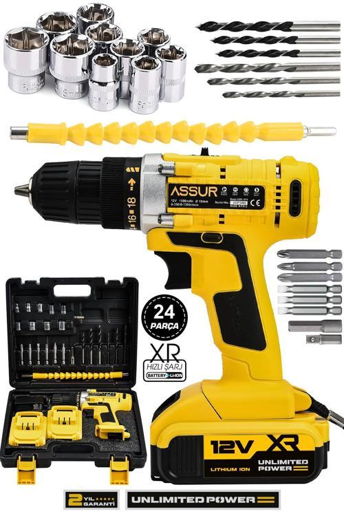 12V Çelik Şanzıman Bakır Sargılı Şarjlı Matkap Çift Akülü Vidalama