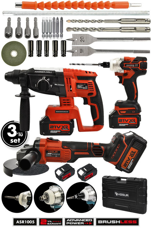 Profesyonel 21V Çift Akü Kırıcı Delici Hilti 2-26mm + Somun Sıkma Sökme + Taşlama 3'lü Set