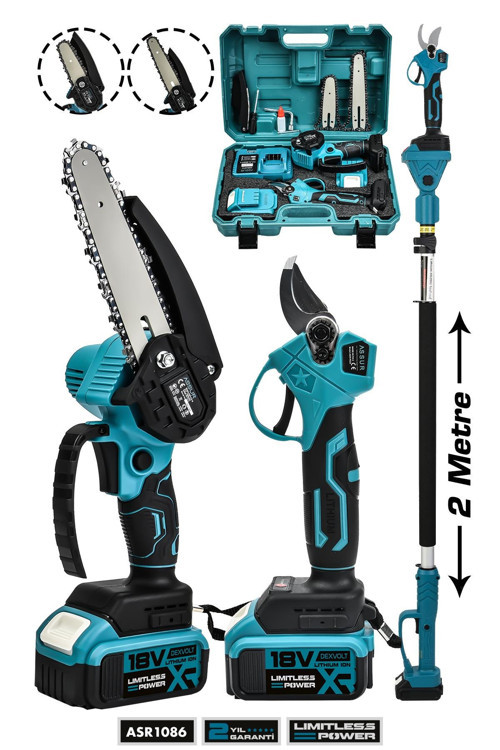 2'li Set 18V Çift Akülü Teleskopik Kollu Bağ Makası ve Budama Testeresi Makinesi