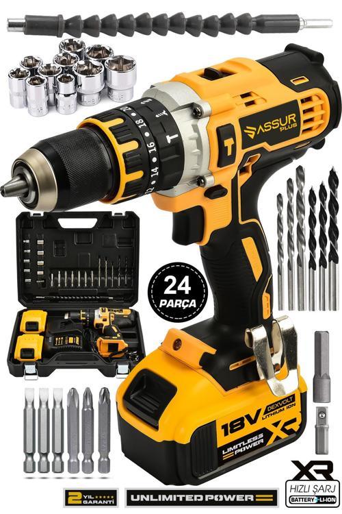 Plus 18V Metal Şanzıman Çift Akülü Şarjlı Darbeli Matkap