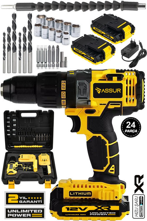 12V Metal Şanzıman Çift Akülü Şarjlı Darbeli Matkap 24 Parça Akülü Vidalama