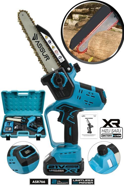 21V Çift Akü Otomatik Yağlamalı El Testeresi Ağaç Odun Dal Kesme Budama Dijital Gösterge