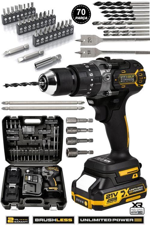 21v Çift Akü Şarjlı Matkap Çelik Mandren Kömürsüz Motor Darbeli Akülü Vidalama