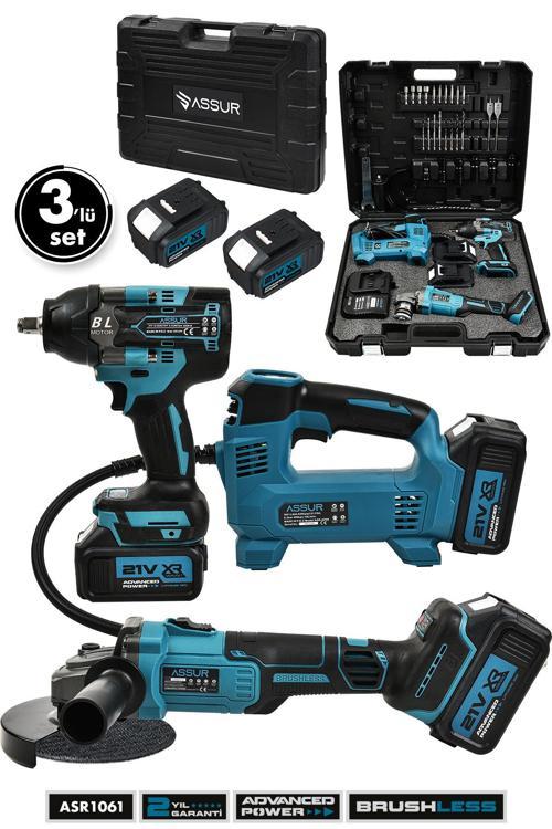 21V Çift Akülü 3'lü Set 125Mm Taşlama 800Nm Somun Sıkma Sökme 121 PSI Hava Pompası