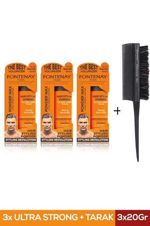 Saç Şekillendirici Pudra Toz Wax Ultra Strong Turuncu 20gr X3 + Profesyonel Topuz Fırçası Krepe 3043 4'lü Set