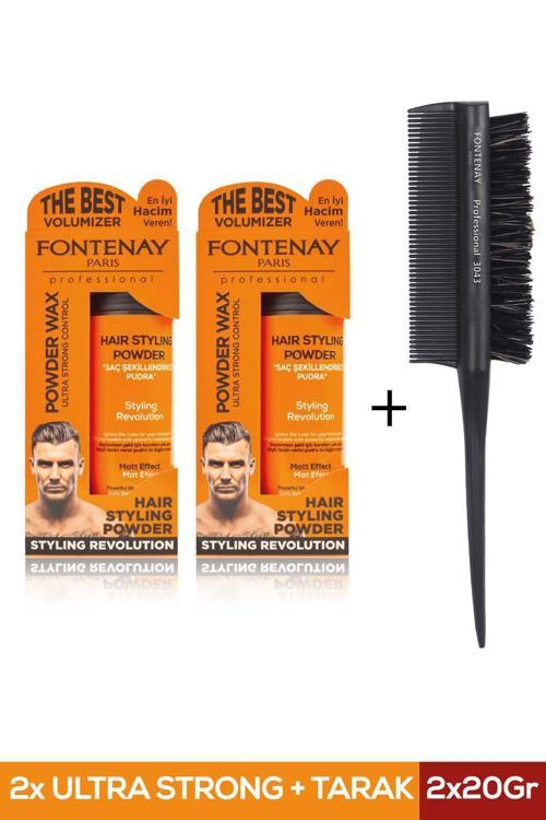Saç Şekillendirici Pudra Toz Wax Ultra Strong Turuncu 20gr X2 + Profesyonel Topuz Fırçası Krepe 3043 3'lü Set