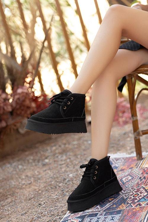 Mini Kürk Astarlı Kalın Taban Bağcıklı Rahat Kadın Bot