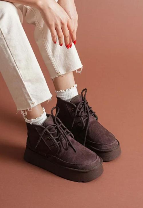 Mini Kürk Astarlı Kalın Taban Bağcıklı Rahat Kadın Bot