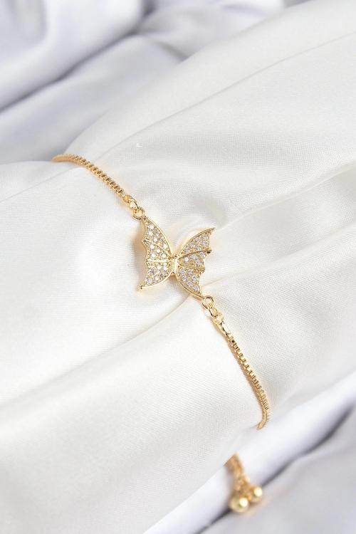 Pirinç Zirkon Taşlı Kelebek Model Gold Renk Asansörlü Kadın Bileklik