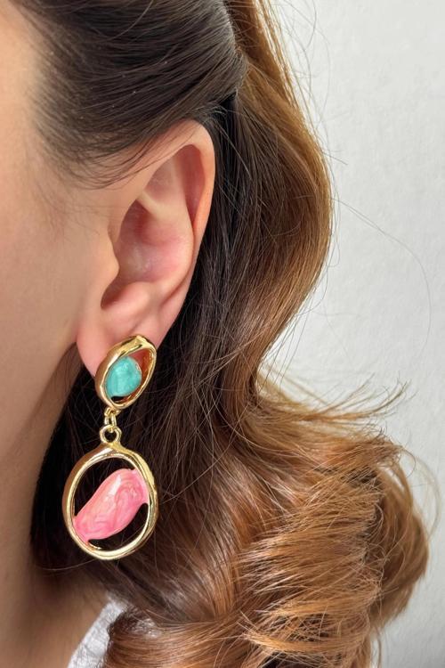 VIP Asimetrik Sallantılı Mineli Taşlı Tasarım Kararmaz Renk Atmaz Kadın Çelik Küpe