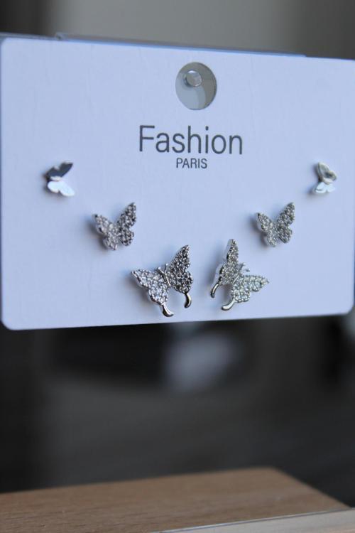 Yeni Sezon 6'lı Kelebek Tasarım Zirkon Taşlı Gümüş İğneli Çelik Küpe