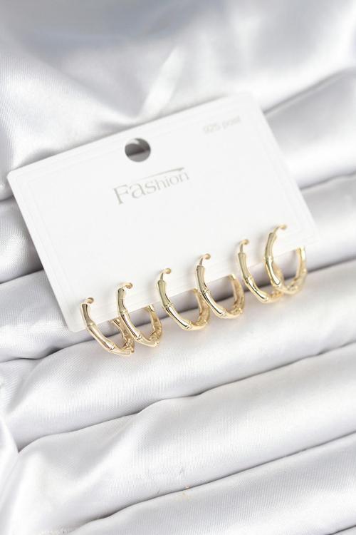 Pirinç Gold Renk Kemik Halka Model 925 Ayar Gümüş Çivili Kadın Küpe Seti 11261