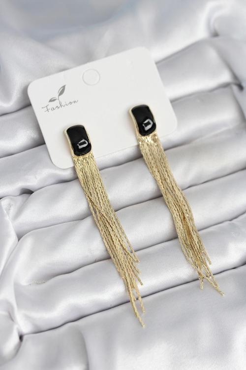 Sallantılı Siyah Mineli Gold Renk Kadın Küpe 11308