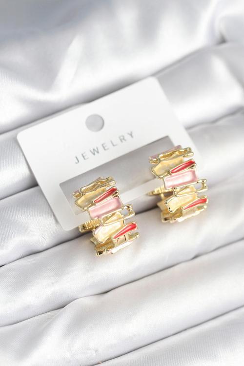 Mineli Karışık Renkli Gold Pirinç Kadın Küpe 11285