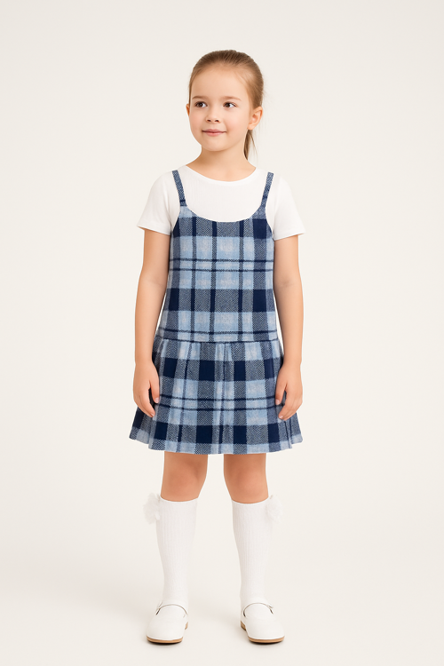 Kız Çocuk Askılı Ekose Elbise & Likralı Penye Tişört – Pileli Etekli
