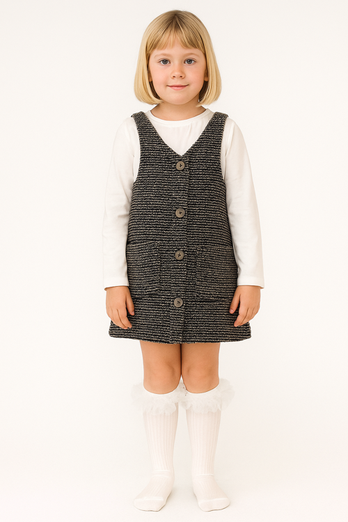 Kız Çocuk Askılı Düğmeli Elbise – Cepli, Dokulu Kumaş