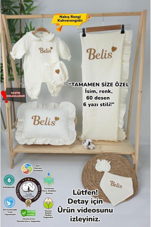 Müslin Yeni Doğan 4Katlı Organik %100Pamuk Kişiye Özgü Nakışlı Hastane Çıkış Seti-Kahverengi Kalpli