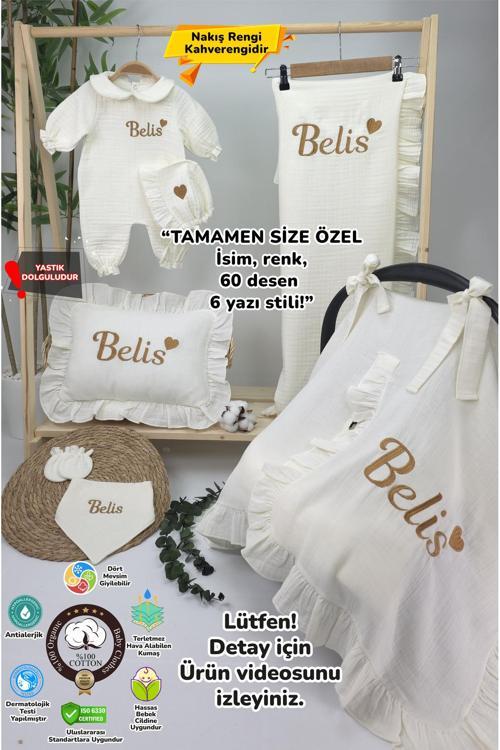 Müslin Yeni Doğan 4Katlı Organik %100Pamuk Kişiye Özgü Nakışlı Hastane Çıkış Seti-Kahverengi Kalpli