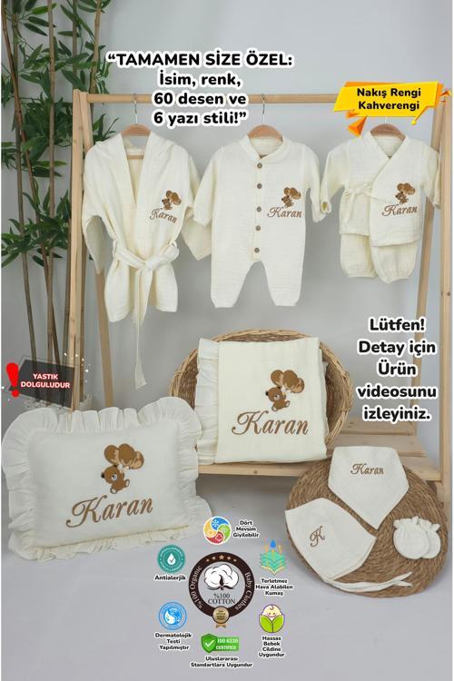 Müslin Yeni Doğan 4Katlı Organik %100Pamuk Kişiye Özgü Nakışlı Hastane Çıkış Seti (Ayıcık Model-6)