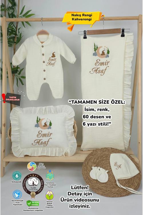 Müslin Yeni Doğan 4Katlı Organik %100Pamuk Kişiye Özgü Nakışlı Hastane Çıkış Seti (Kurt Model-1)