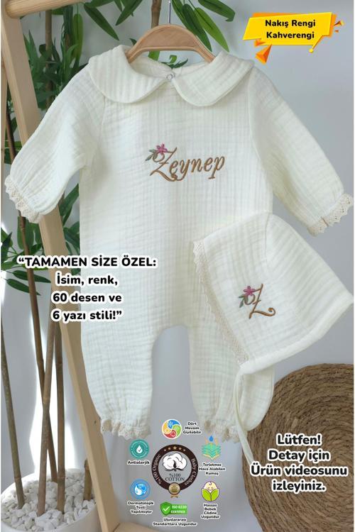 Müslin Yeni Doğan 4Katlı Organik %100Pamuk Kişiye Özgü Nakışlı Hastane Çıkış Seti (Papatya-3)