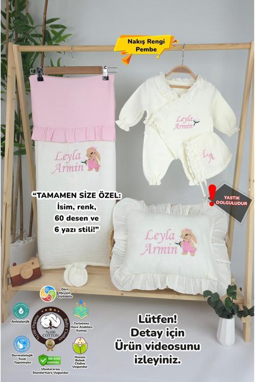 Müslin Yeni Doğan 4Katlı Organik %100Pamuk Kişiye Özgü Nakışlı Hastane Çıkış Seti-Tavşan Model-1