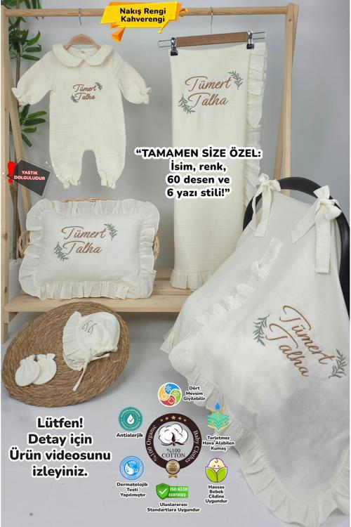 Müslin Yeni Doğan 4Katlı Organik %100Pamuk Kişiye Özgü Nakışlı Hastane Çıkış Seti(İki Dallı Model-2)