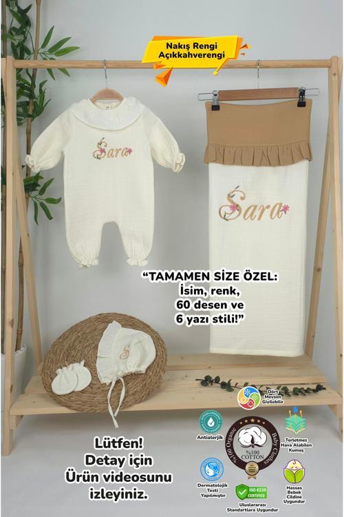 Müslin Yeni Doğan 4Katlı Organik %100Pamuk Kişiye Özgü Nakışlı Hastane Çıkış Seti (Papatya Model-13)