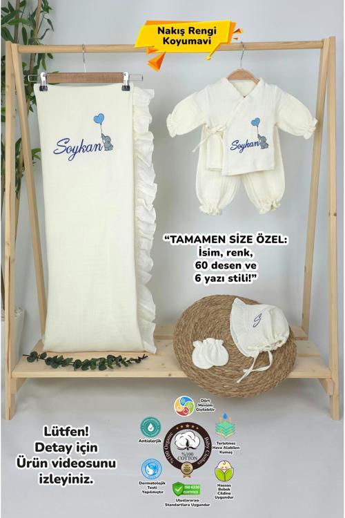 Müslin Yeni Doğan 4Katlı Organik %100Pamuk Kişiye Özgü Nakışlı Hastane Çıkış Seti (Filli Model-2)