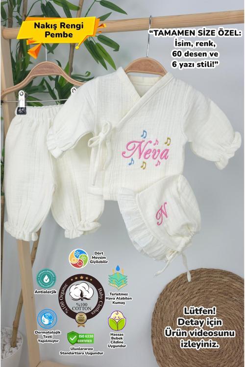 Müslin Yeni Doğan 4Katlı Organik %100Pamuk Kişiye Özgü Nakışlı Hastane Çıkış Seti (Nota Model)