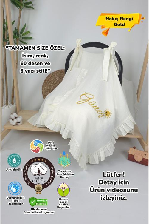 Müslin Yeni Doğan 4Katlı Organik %100Pamuk Kişiye Özgü Nakışlı Hastane Çıkış Seti-Güneş Model-1