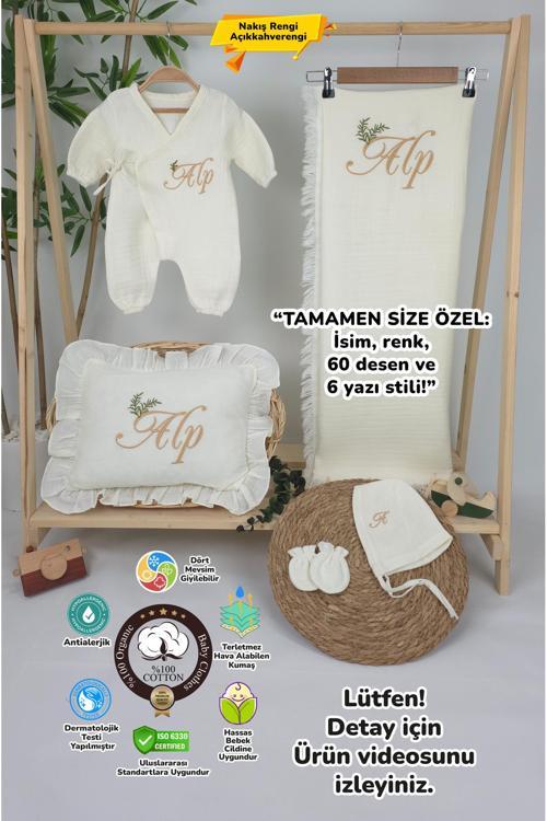 Müslin Yeni Doğan 4Katlı Organik %100Pamuk Kişiye Özgü Nakışlı Hastane Çıkış Seti(İki Dallı Model-4)